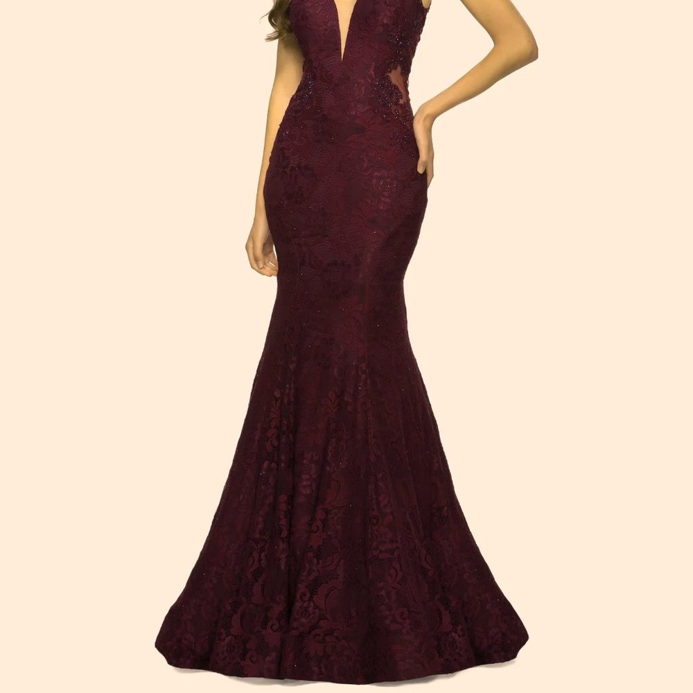 La Femme Dark Berry Sparkle Lace Mermaid Gown - Picture 2 of 6